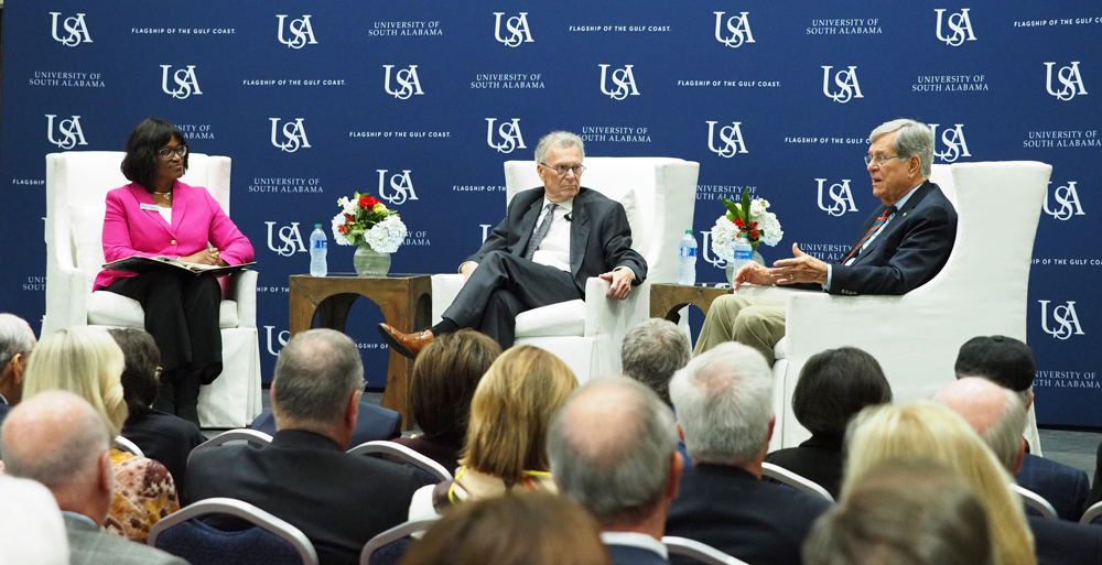 Former Senate Majority Leaders Tom Daschle, center, and Trent Lott discussed bipartisanship Irving Silver and Frances Grodsky Silver Endowed Presidential Lecture in the MacQueen Alumni Center.